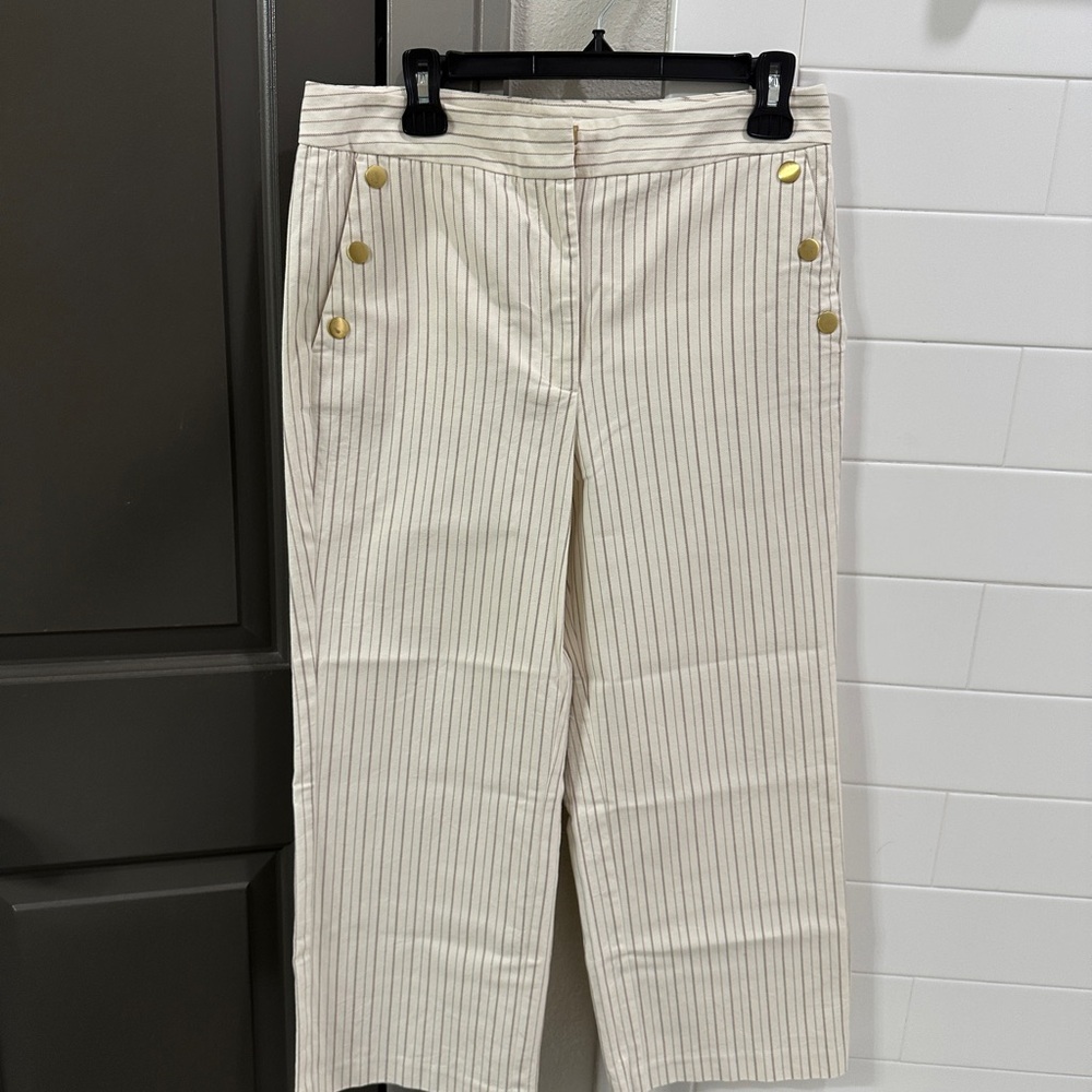 Ann Taylor Factory Striped Cream Pants with Gold Buttons